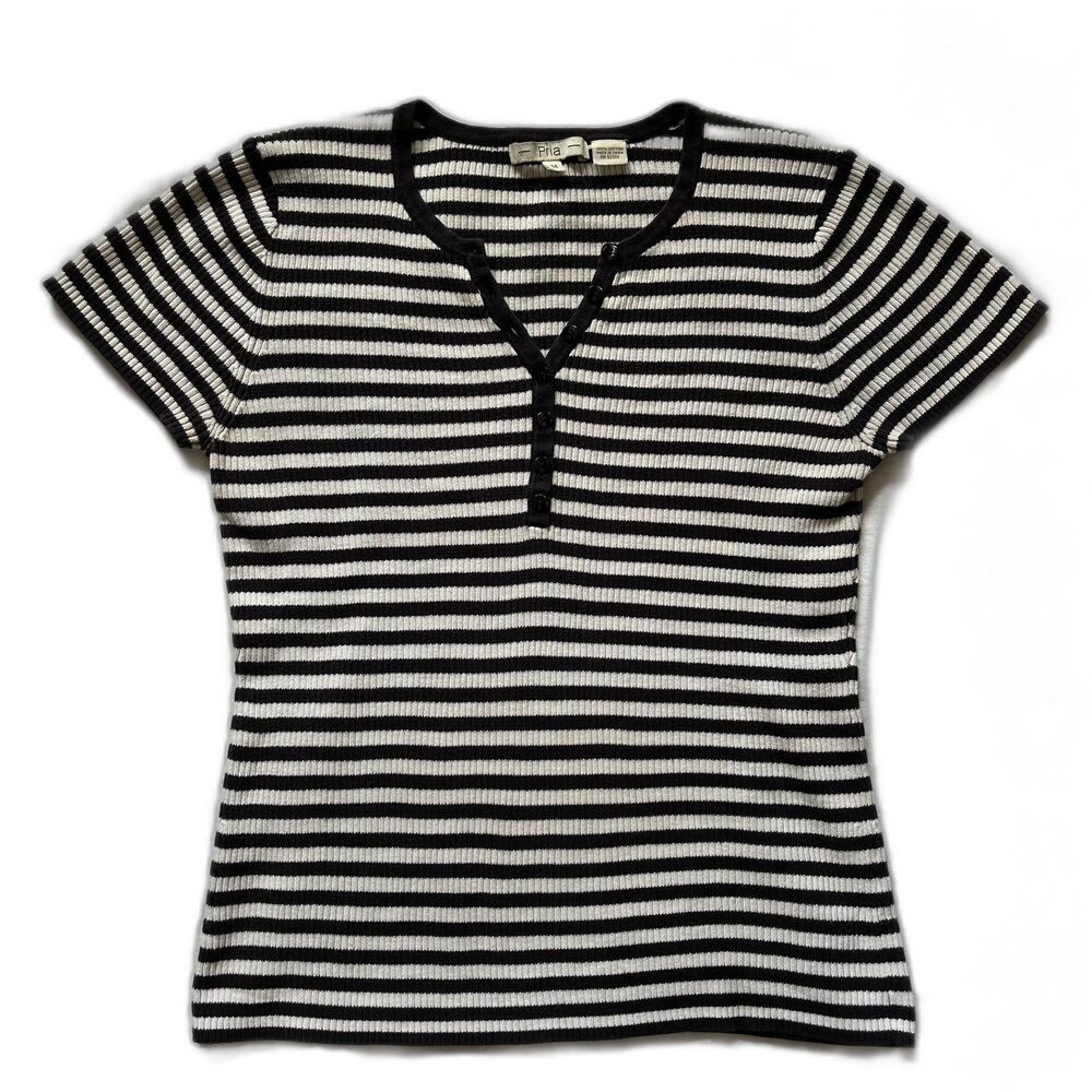 Not for sale! Ribbed Black and White Striped Short Sleeve Henley